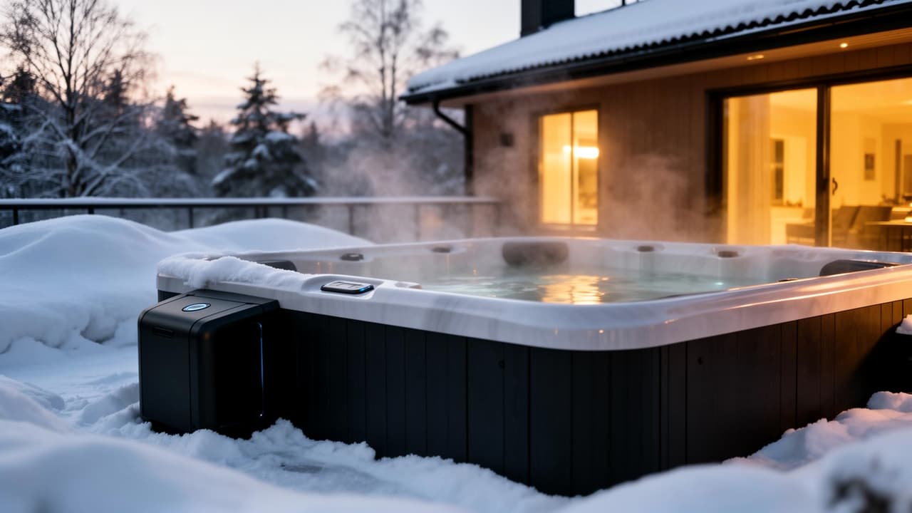 Spabad på snöig villaaltan i Stockholm i vinterskymning, med värmepump synlig vid sidan